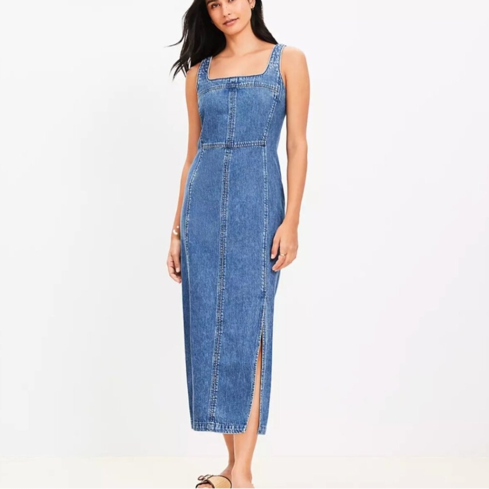 POPULAR! NWT LOFT Blue Midi Dress with Square Neckline and Side Slit